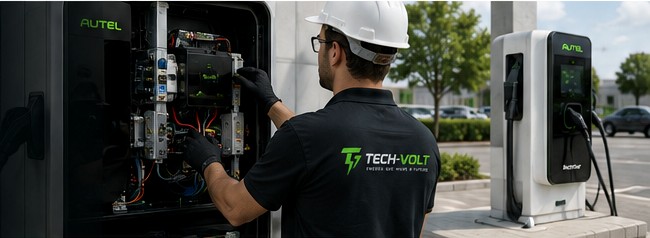 Técnico realizando manutenção em carregador Autel